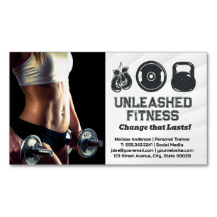 Woman Holding Dumbbells   Gym Equipment Icons Magnetic Business Card