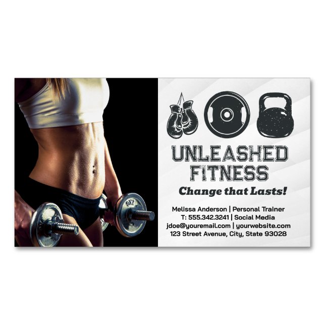 Woman Holding Dumbbells | Gym Equipment Icons Magnetic Business Card (Front)