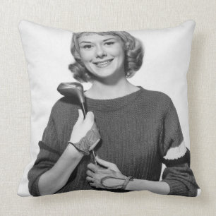 Woman Holding Golf Club Cushion