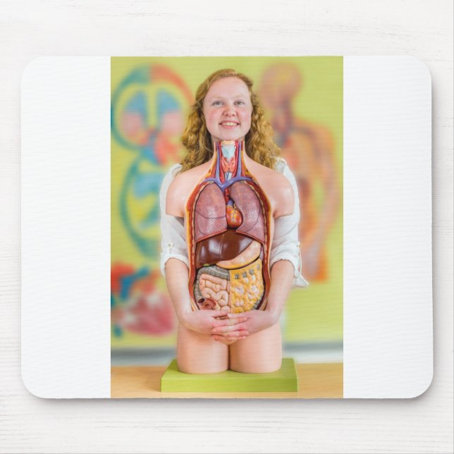 Woman holding human body with internal organs.JPG Mouse Pad (Front)