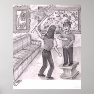 Woman Holding Large Fishing Net Above a Man Stand Poster