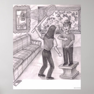 Woman Holding Large Fishing Net Above a Man Stand Poster