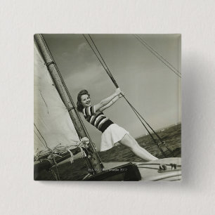 Woman Holding Rigging on Yacht 15 Cm Square Badge