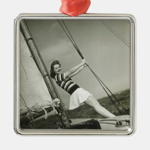 Woman Holding Rigging on Yacht Metal Tree Decoration