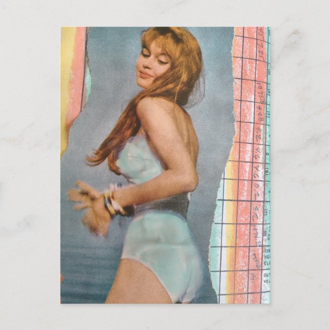Woman in 1957 on the beach mixed media collage postcard (Front)