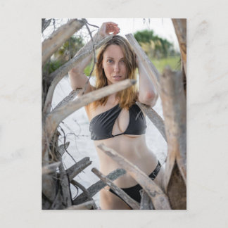 Woman In A Black Bikini By Beach Holiday Postcard