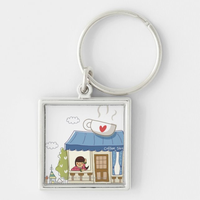 Woman in a coffee shop key ring (Front)