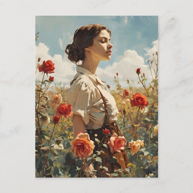 Woman in a field of roses Vintage Postcard (Front)