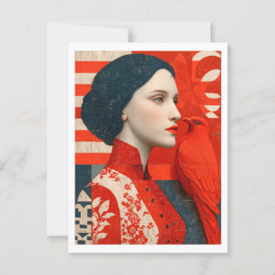 Woman in a flowered red floral dress & a red bird postcard