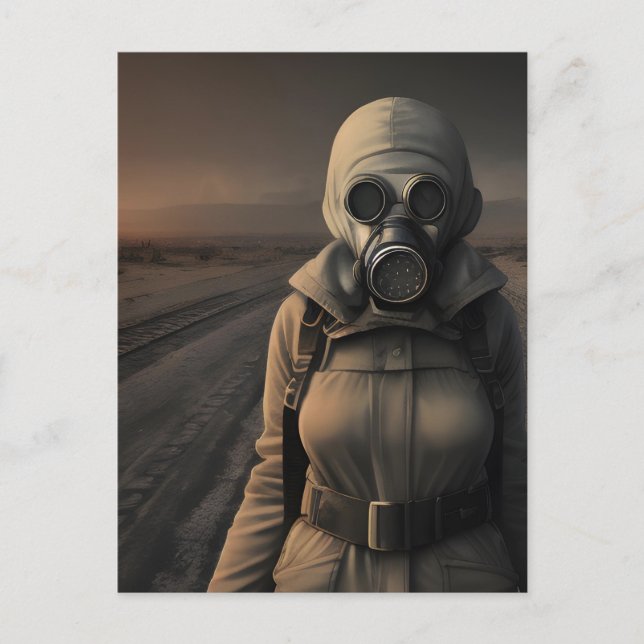 Woman in a gas mask apocalyptic art postcard (Front)