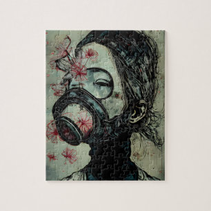 Woman in a Gas Mask With Flowers Jigsaw Puzzle