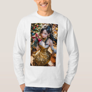 woman in a gold dress holding a red rose in front  T-Shirt