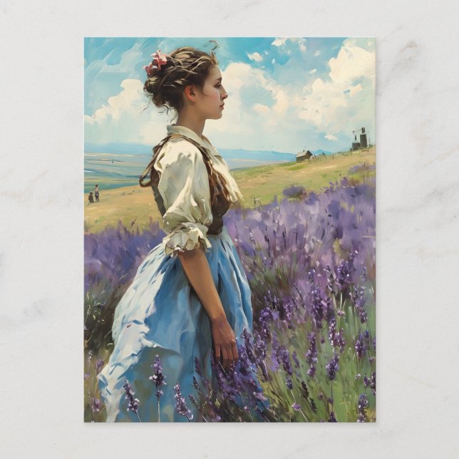 Woman in a lavender field Vintage Postcard (Front)
