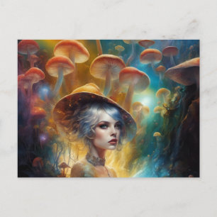 Woman in a magical fantasy mushroom forest postcard