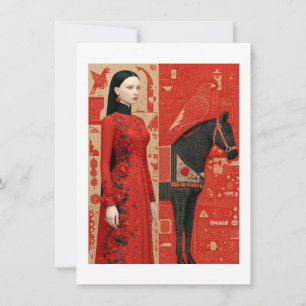 Woman in a red flowered dress & black horse