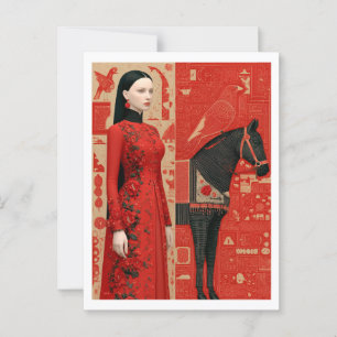 Woman in a red flowered dress & black horse postcard