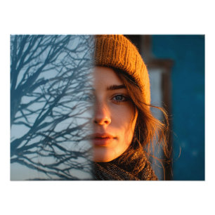 Woman in a stocking cap, winter lake photo print