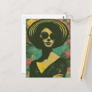Woman in a Striped Sunhat Fashion and Summer Fun  Postcard