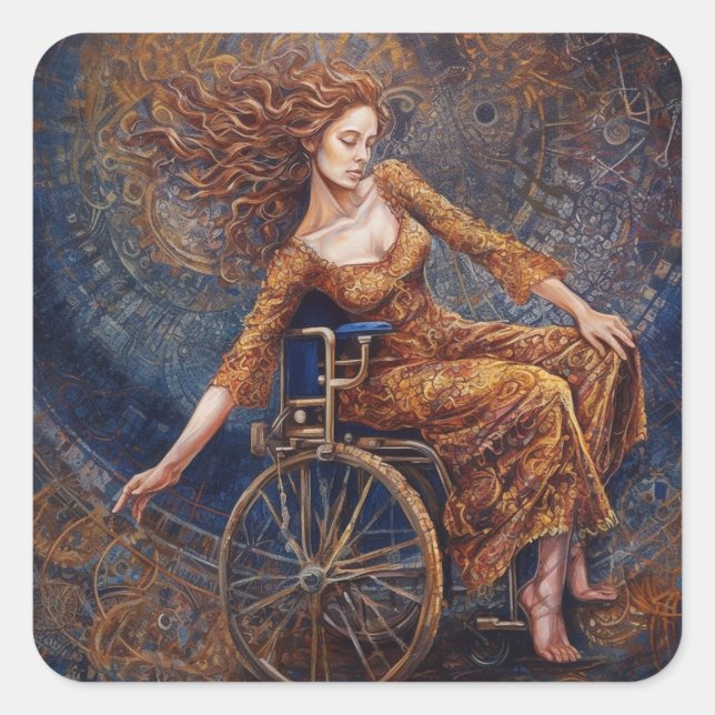 Woman in a wheelchair dancing joyful square sticker (Front)