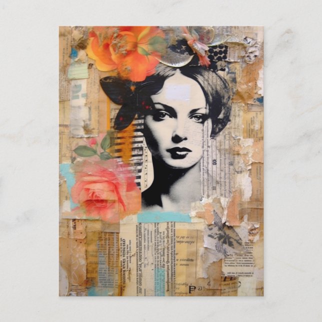 Woman in an Abstract Mixed Media Collage Postcard (Front)