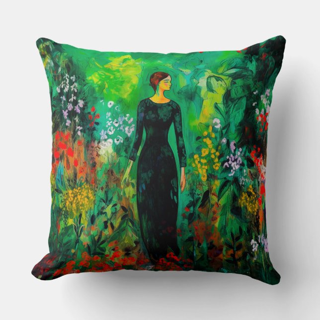 Woman in Beautiful Green Meadow  Cushion (Front)