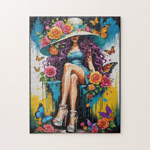 Woman in Big Hat and High Heels Floral Jigsaw Puzzle