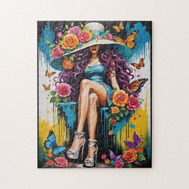 Woman in Big Hat and High Heels Floral Jigsaw Puzzle (Vertical)