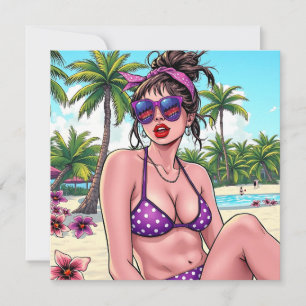 Woman in Bikini and Bandanna at Beach  Card