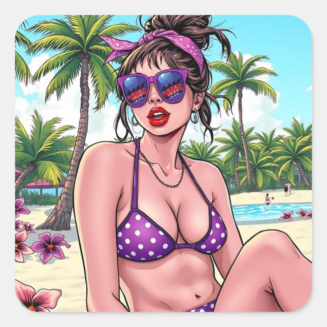 Woman in Bikini and Bandanna at Beach  Square Sticker (Front)