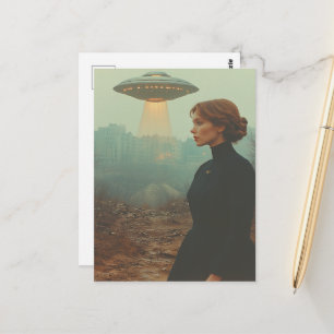 Woman in black dress and a UFO Postcard