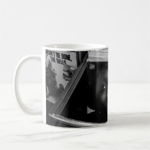 WOMAN IN BLACK SHIRT IN FRONT OF BOOKS COFFEE MUG
