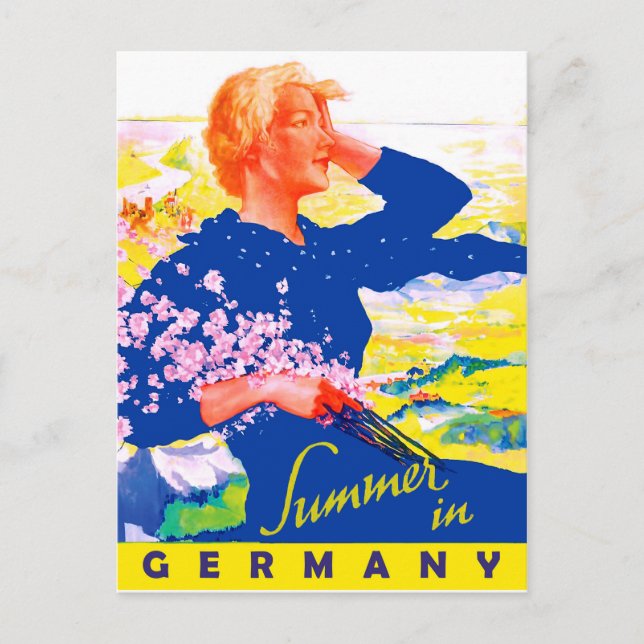Woman in blue dress on summer field in Germany Postcard (Front)