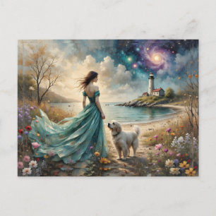 Woman in blue gown on beach with dog, lighthouse. postcard