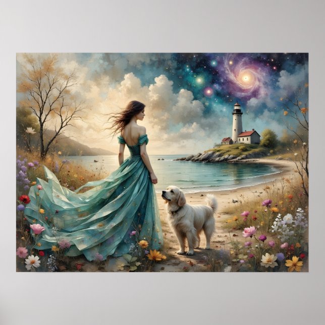 Woman in blue gown on beach with dog, lighthouse. poster (Front)