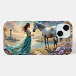Woman in blue gown on beach with horse,lighthouse. iPhone 15 case