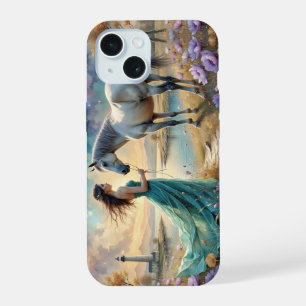 Woman in blue gown on beach with horse,lighthouse. iPhone 15 case