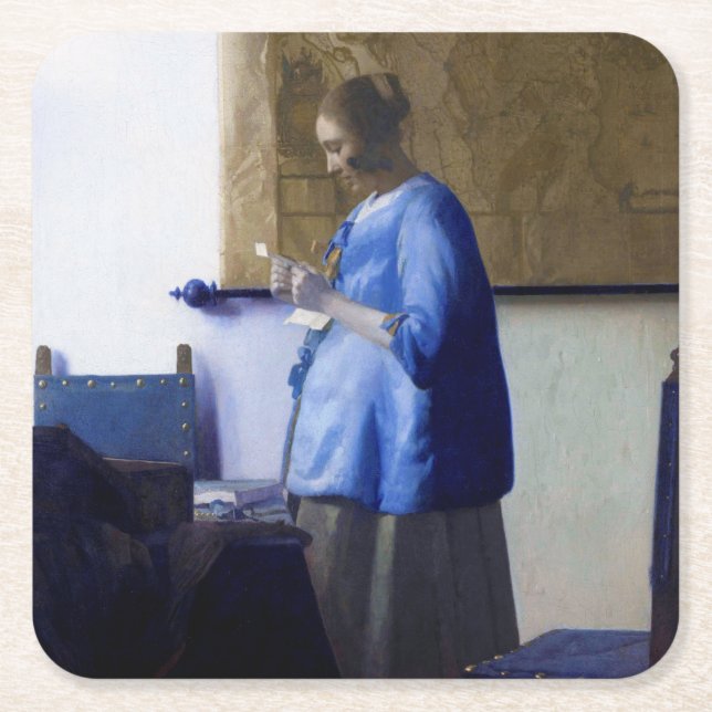 Woman in Blue, Johannes Vermeer Square Paper Coaster (Front)
