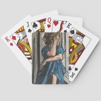Woman in blue, oil pastel playing cards