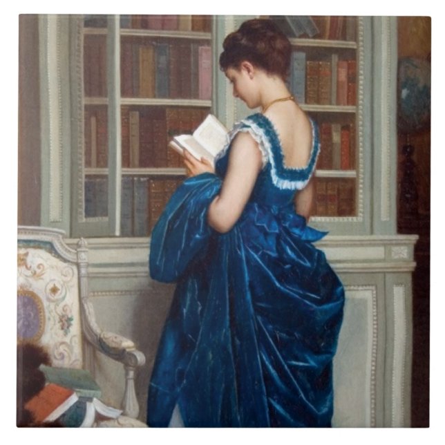 Woman in Blue, reading a Book Ceramic Tile (Front)