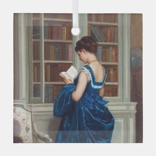 Woman in Blue, reading a Book Glass Tree Decoration (Front)