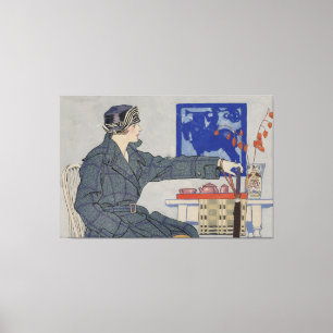 Woman in Cafe with Umbrella Vintage Painting Canvas Print