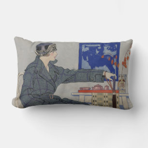Woman in Cafe with Umbrella Vintage Painting Lumbar Cushion