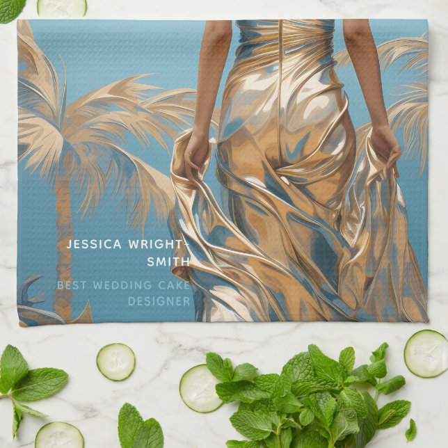 Woman in Champaigne colour dress blue aesthetic Tea Towel (Folded)