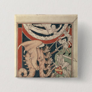 Woman in cloud above five men fighting 15 cm square badge
