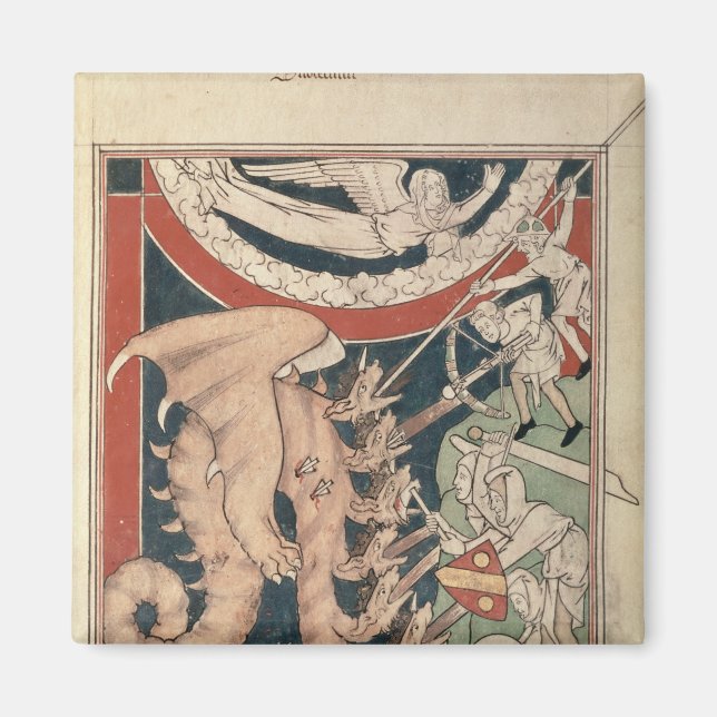 Woman in cloud above five men fighting magnet (Front)