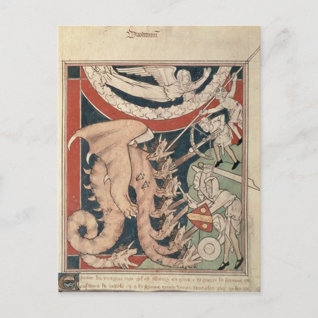 Woman in cloud above five men fighting postcard (Front)