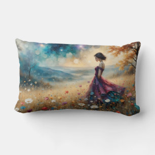Woman in colorful gown on hill of flowers lumbar cushion
