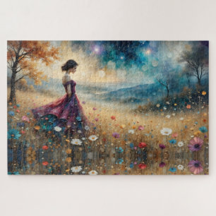 Woman in colourful gown on hill of flowers jigsaw puzzle