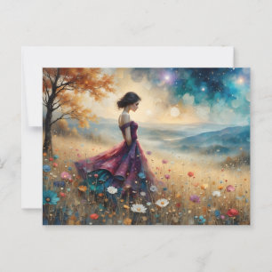 Woman in colourful gown on hill of flowers postcard