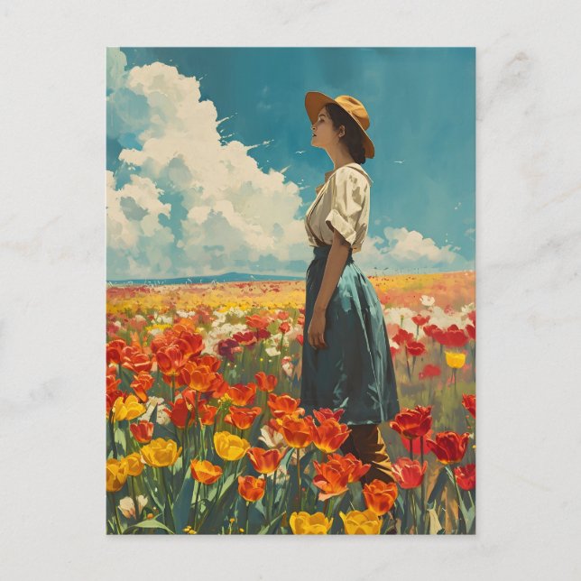 Woman in Colourful Tulip Field Vintage Postcard (Front)
